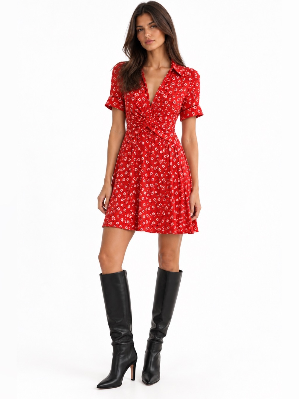 NWOT GANNI Silvery Crepe Twist Front Floral Mini Dress Red US 2 EU 34
